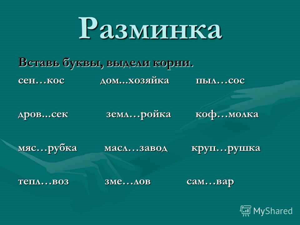 Разминка Вставь буквы, выдели корни. сен…кос дом...хозяйка пыл…сос дров...сек земл…ройка коф…молка мяс…рубка масл…завод круп…рушка тепл…воз зме…лов са