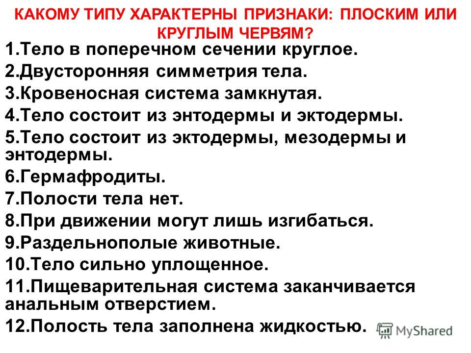1.Тело в поперечном сечении круглое. 2.Двусторонняя симметрия тела. 3.Кровеносная система замкнутая. 4.Тело состоит из энтодермы и эктодермы. 5.Тело с