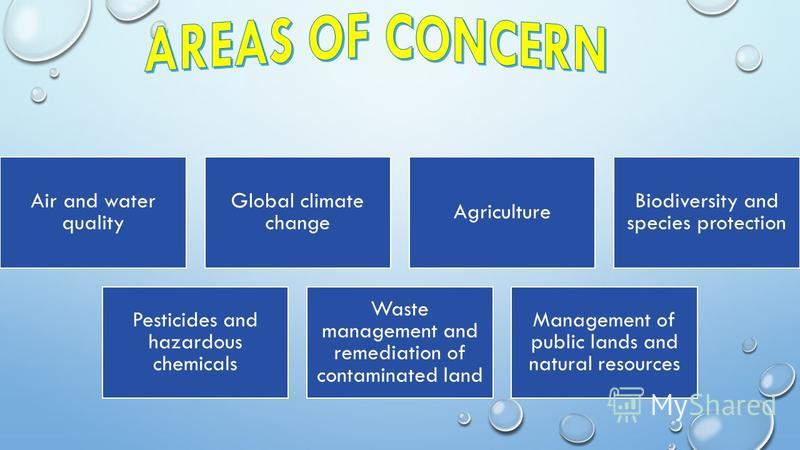 Air and water quality Global climate change Agriculture Biodiversity and species protection Pesticides and hazardous chemicals Waste management and remediation of contaminated land Management of public lands and natural resources