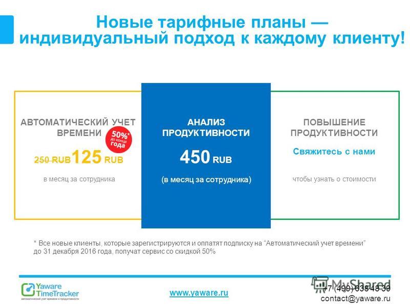 +7 (499) 638 48 39 contact@yaware.ru www.yaware.ru Новые тарифные планы индивидуальный подход к каждому клиенту! АВТОМАТИЧЕСКИЙ УЧЕТ ВРЕМЕНИ 250 RUB 125 RUB в месяц за сотрудника ПОВЫШЕНИЕ ПРОДУКТИВНОСТИ Свяжитесь с нами чтобы узнать о стоимости АНАЛ