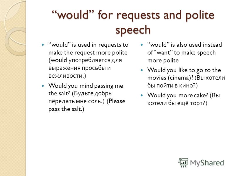 would for requests and polite speech would is used in requests to make the request more polite (would употребляется для выражения просьбы и вежливости.) Would you mind passing me the salt? ( Будьте добры передать мне соль.) (Please pass the salt.) wo