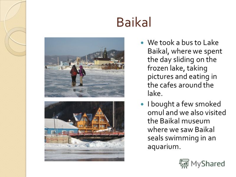 Baikal We took a bus to Lake Baikal, where we spent the day sliding on the frozen lake, taking pictures and eating in the cafes around the lake. I bought a few smoked omul and we also visited the Baikal museum where we saw Baikal seals swimming in an