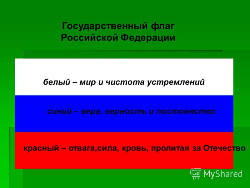 Государственный флаг Российской Федерации белый – мир и чистота устремлений синий – вера, верность и постоянство красный – отвага,сила, кровь, пролитая за Отечество