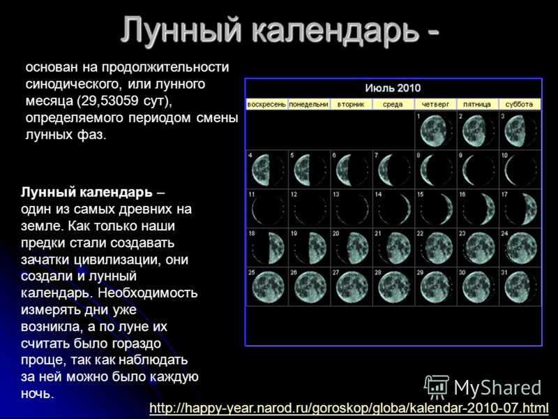 Лунный календарь - Лунный календарь – один из самых древних на земле. Как только наши предки стали создавать зачатки цивилизации, они создали и лунный календарь. Необходимость измерять дни уже возникла, а по луне их считать было гораздо проще, так ка