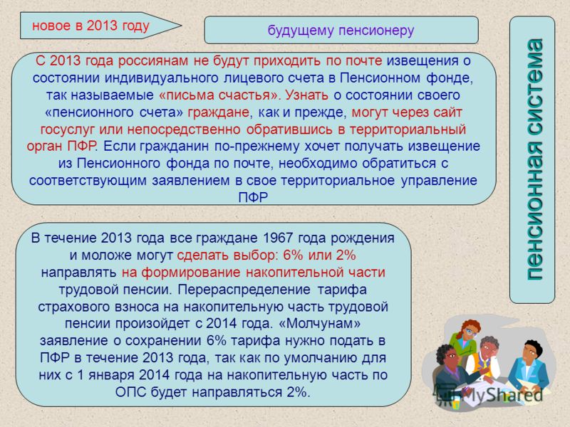 пенсионная система новое в 2013 году С 2013 года россиянам не будут приходить по почте извещения о состоянии индивидуального лицевого счета в Пенсионном фонде, так называемые «письма счастья». Узнать о состоянии своего «пенсионного счета» граждане, к