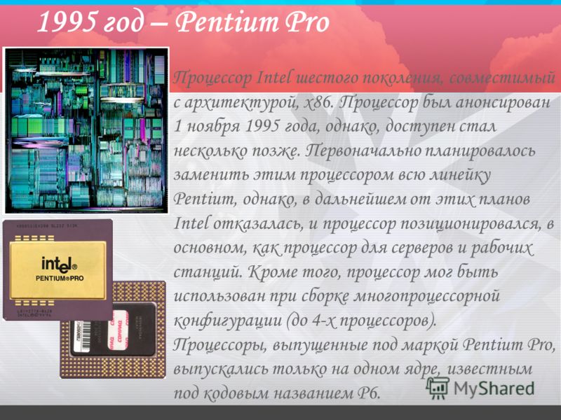 1995 год – Pentium Pro Процессор Intel шестого поколения, совместимый с архитектурой, x86. Процессор был анонсирован 1 ноября 1995 года, однако, доступен стал несколько позже. Первоначально планировалось заменить этим процессором всю линейку Pentium,