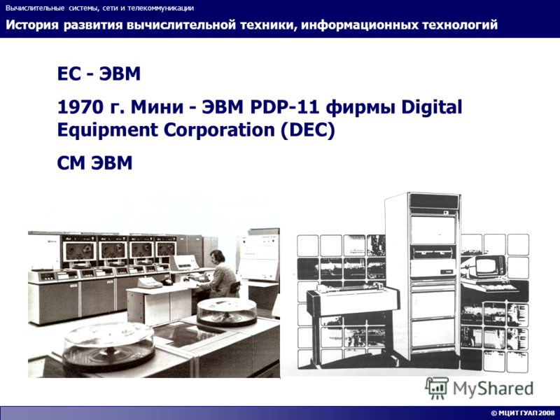 История развития вычислительной техники, информационных технологий Вычислительные системы, сети и телекоммуникации © МЦИТ ГУАП 2008 ЕС - ЭВМ 1970 г. Мини - ЭВМ PDP-11 фирмы Digital Equipment Corporation (DEC) СМ ЭВМ