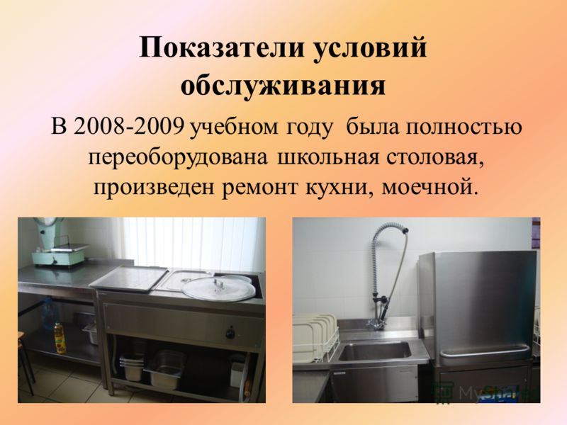 Показатели условий обслуживания В 2008-2009 учебном году была полностью переоборудована школьная столовая, произведен ремонт кухни, моечной.