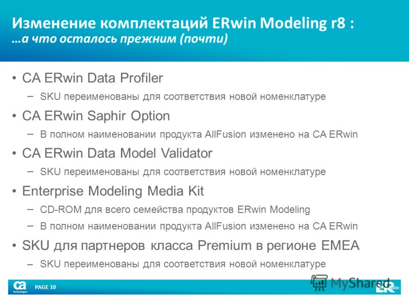 PAGE 10 Изменение комплектаций ERwin Modeling r8 : …а что осталось прежним (почти) CA ERwin Data Profiler SKU переименованы для соответствия новой номенклатуре CA ERwin Saphir Option В полном наименовании продукта AllFusion изменено на CA ERwin CA ER