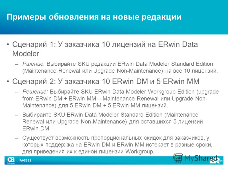 PAGE 13 Примеры обновления на новые редакции Сценарий 1: У заказчика 10 лицензий на ERwin Data Modeler –Ршение: Выбирайте SKU редакции ERwin Data Modeler Standard Edition (Maintenance Renewal или Upgrade Non-Maintenance) на все 10 лицензий. Сценарий 