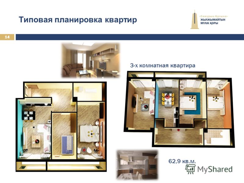 Типовая планировка квартир 3-х комнатная квартира 62,9 кв.м. 14