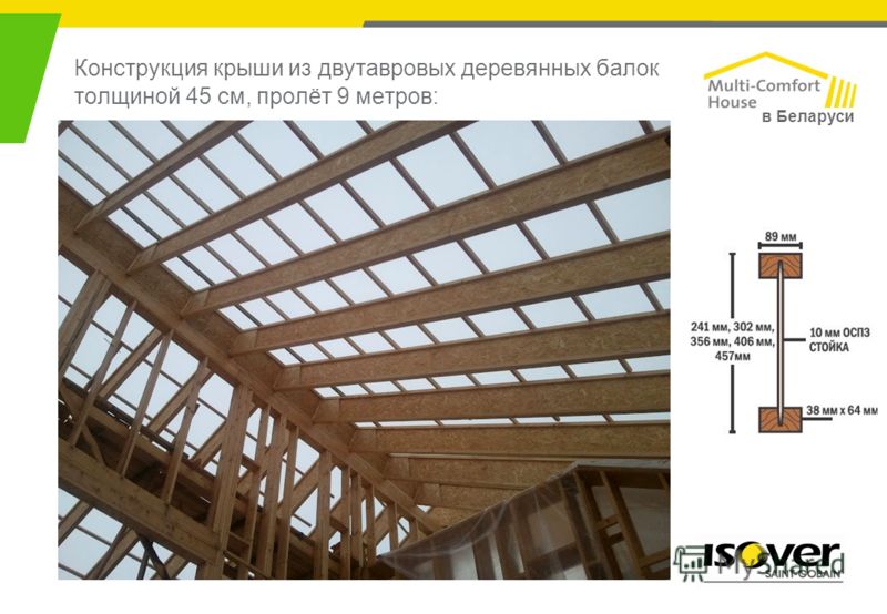 Конструкция крыши из двутавровых деревянных балок толщиной 45 см, пролёт 9 метров: в Беларуси