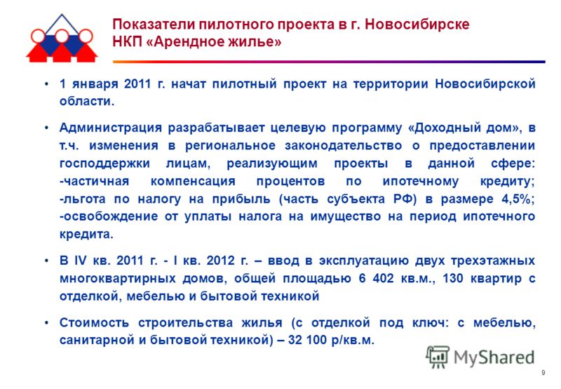 9 Показатели пилотного проекта в г. Новосибирске НКП «Арендное жилье» 1 января 2011 г. начат пилотный проект на территории Новосибирской области. Администрация разрабатывает целевую программу «Доходный дом», в т.ч. изменения в региональное законодате