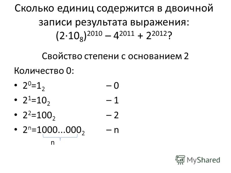 Сколько единиц содержится в двоичной записи результата выражения: (2·10 8 ) 2010 – 4 2011 + 2 2012 ? Свойство степени с основанием 2 Количество 0: 2 0 =1 2 – 0 2 1 =10 2 – 1 2 2 =100 2 – 2 2 n =1000...000 2 – n n