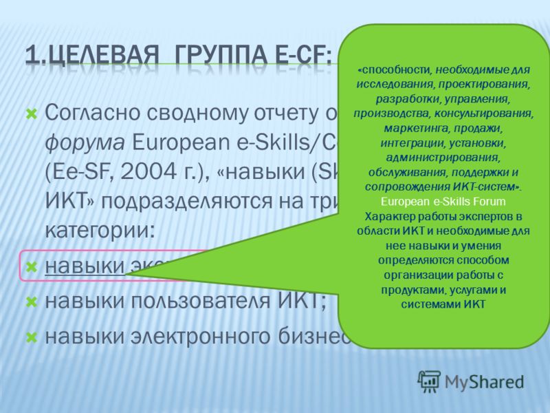Согласно сводному отчету о результатах форума European e-Skills/Competence Forum (Ee-SF, 2004 г.), «навыки (Skills) в области ИКТ» подразделяются на три основные категории: навыки эксперта в области ИКТ; навыки пользователя ИКТ; навыки электронного б