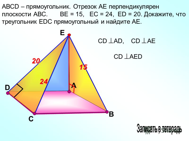 D А АВСD – прямоугольник. Отрезок АЕ перпендикулярен плоскости АВС. ВЕ = 15, ЕС = 24, ЕD = 20. Докажите, что треугольник ЕDС прямоугольный и найдите АЕ. C В Е 24 1520 СD AED СD AD,СD АЕ