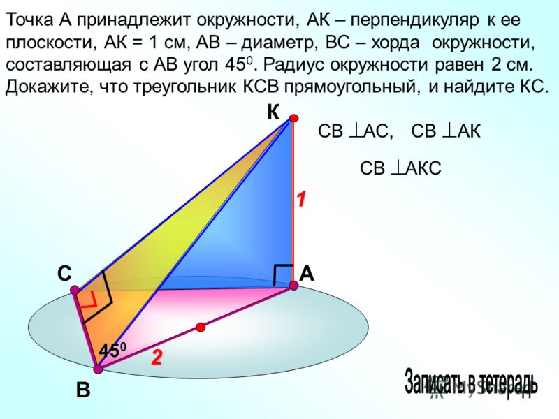 С Точка А принадлежит окружности, АК – перпендикуляр к ее плоскости, АК = 1 см, АВ – диаметр, ВС – хорда окружности, составляющая с АВ угол 45 0. Радиус окружности равен 2 см. Докажите, что треугольник КСВ прямоугольный, и найдите КС. В А К2 1 45 0 С