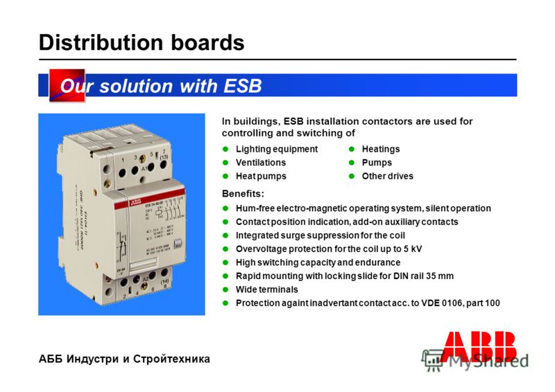 АББ Индустри и Стройтехника Distribution boards Our solution with ESB In buildings, ESB installation contactors are used for controlling and switching of Lighting equipment Heatings Ventilations Pumps Heat pumps Other drives Benefits: Hum-free electr
