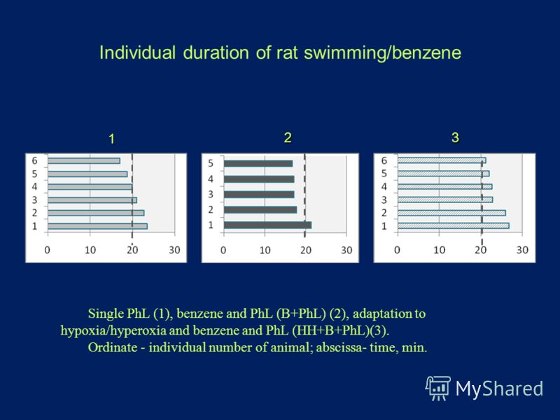 Individual duration of rat swimming/benzene Single PhL (1), benzene and PhL (B+PhL) (2), adaptation to hypoxia/hyperoxia and benzene and PhL (HH+B+PhL)(3). Ordinate - individual number of animal; abscissa- time, min. 1 23