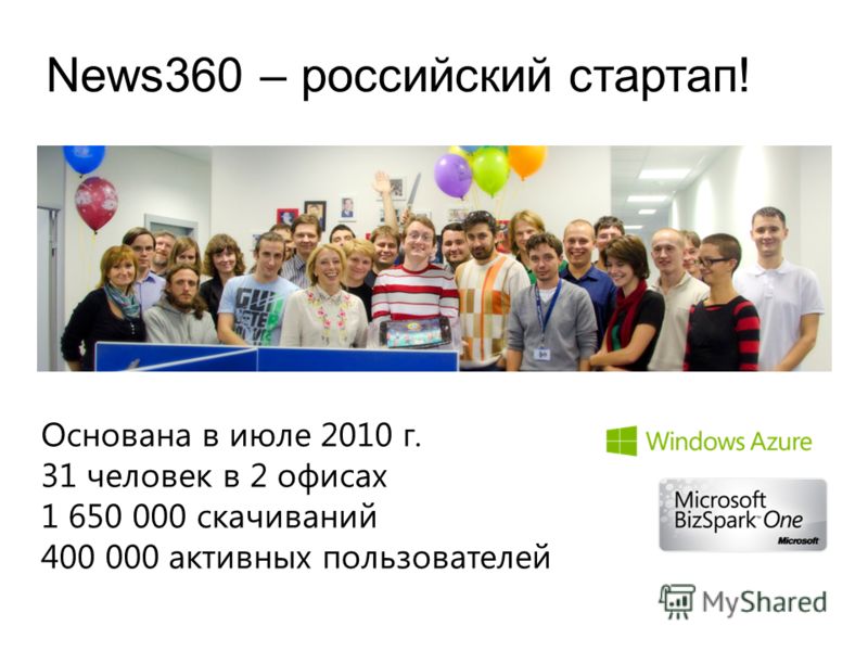 News360 – российский стартап! Основана в июле 2010 г. 31 человек в 2 офисах 1 650 000 скачиваний 400 000 активных пользователей