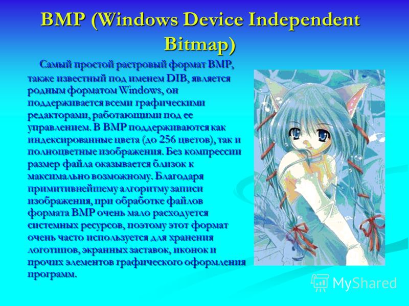 BMP (Windows Device Independent Bitmap) Самый простой растровый формат BMP, также известный под именем DIB, является родным форматом Windows, он поддерживается всеми графическими редакторами, работающими под ее управлением. В BMP поддерживаются как и
