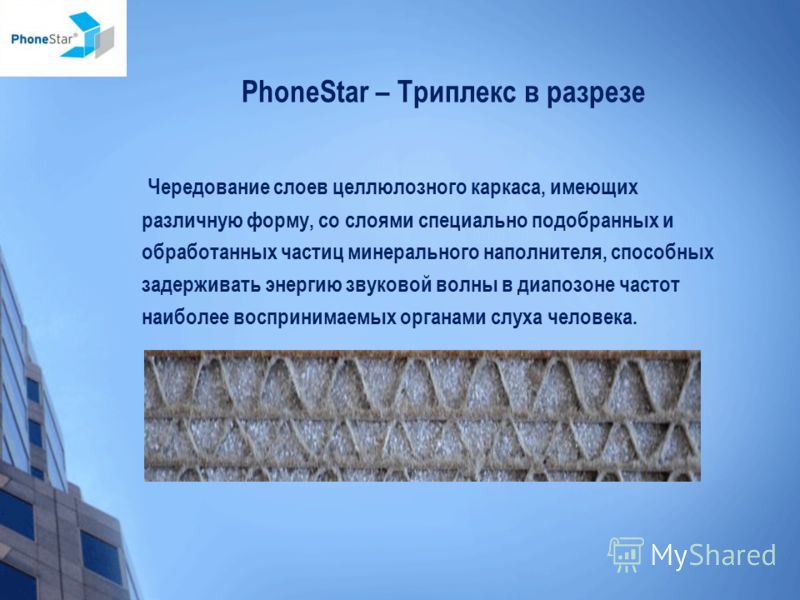 PhoneStar – Триплекс в разрезе Чередование слоев целлюлозного каркаса, имеющих различную форму, со слоями специально подобранных и обработанных частиц минерального наполнителя, способных задерживать энергию звуковой волны в диапозоне частот наиболее 