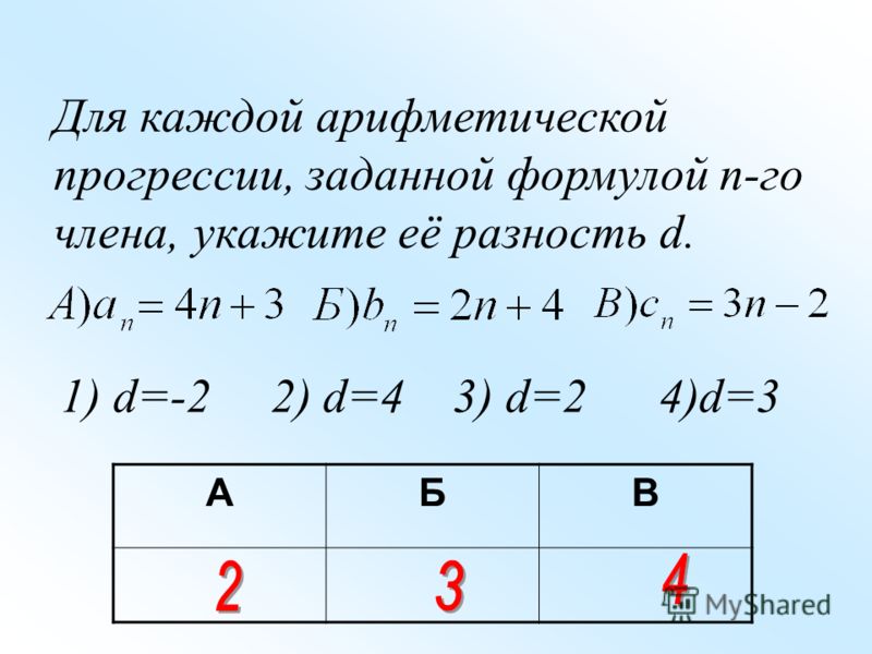 Для каждой арифметической прогрессии, заданной формулой n-го члена, укажите её разность d. 1) d=-2 2) d=4 3) d=2 4)d=3 АБВ