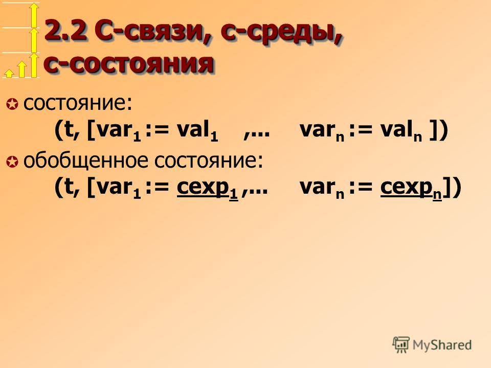 2.2 С-связи, с-среды, с-состояния µ состояние: (t, [var 1 := val 1,...var n := val n ]) µ обобщенное состояние: (t, [var 1 := cexp 1,...var n := cexp n ])