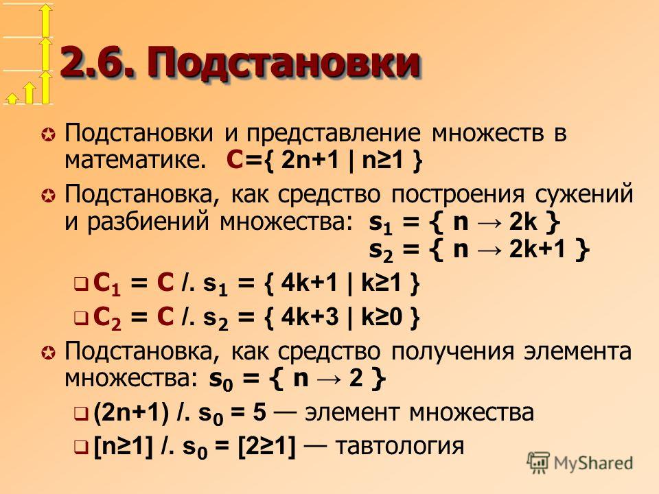 2.6. Подстановки Подстановки и представление множеств в математике. C= { 2n+1 | n1 } Подстановка, как средство построения сужений и разбиений множества:s 1 = { n 2k } s 2 = { n 2k+1 } C 1 = C /. s 1 = { 4k+1 | k1 } C 2 = C /. s 2 = { 4k+3 | k0 } Подс