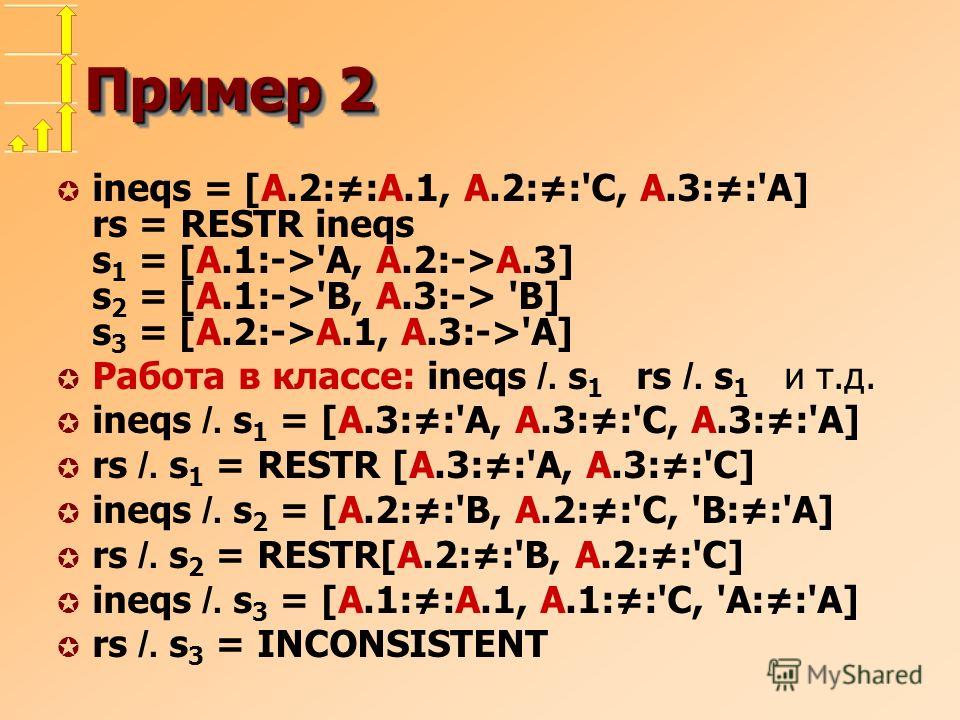 Пример 2 µ ineqs = [A.2::A.1, A.2::'C, A.3::'A] rs = RESTR ineqs s 1 = [A.1:->'A, A.2:->A.3] s 2 = [A.1:->'B, A.3:-> 'B] s 3 = [A.2:->A.1, A.3:->'A] Работа в классе: ineqs /. s 1 rs /. s 1 и т.д. ineqs /. s 1 = [A.3::'A, A.3::'C, A.3::'A] rs /. s 1 =
