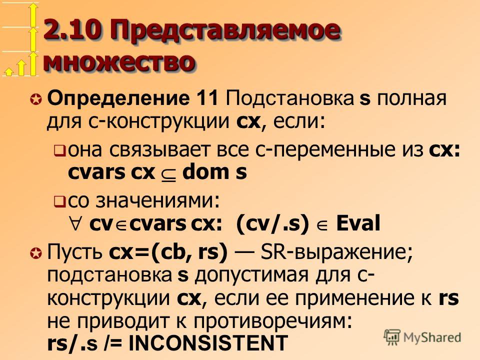 2.10 Представляемое множество Определение 11 Подстановка s полная для c-конструкции cx, если: она связывает все с-переменные из cx: cvars cx dom s со значениями: cv cvars cx: (cv/.s) Eval Пусть cx=(cb, rs) SR-выражение; п одстановка s допустимая для 