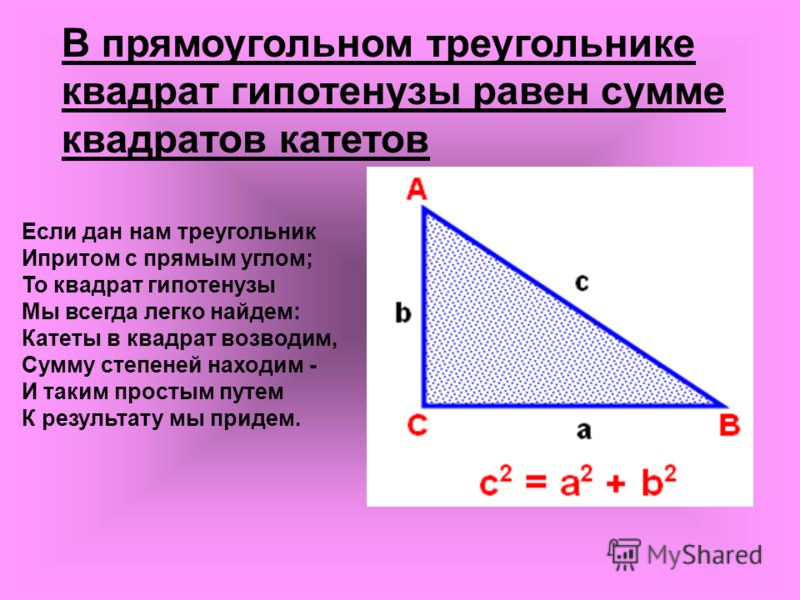 Если дан нам треугольник Ипритом с прямым углом; То квадрат гипотенузы Мы всегда легко найдем: Катеты в квадрат возводим, Сумму степеней находим - И таким простым путем К результату мы придем. В прямоугольном треугольнике квадрат гипотенузы равен сум