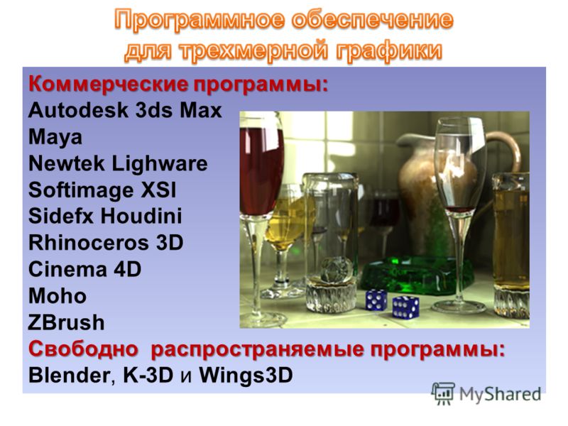 Коммерческие программы: Autodesk 3ds Max Maya Newtek Lighware Softimage XSI Sidefx Houdini Rhinoceros 3D Cinema 4D Moho ZBrush Свободно распространяемые программы: Свободно распространяемые программы: Blender, K-3D и Wings3D