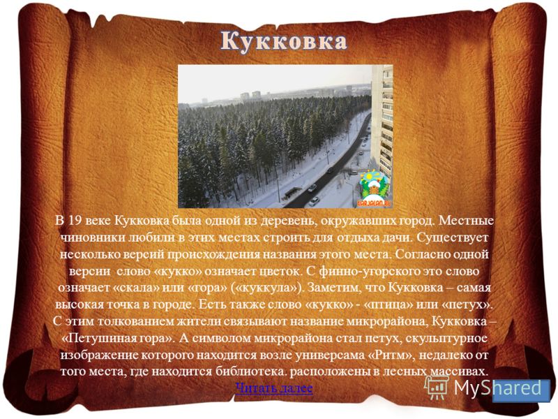 В 19 веке Кукковка была одной из деревень, окружавших город. Местные чиновники любили в этих местах строить для отдыха дачи. Существует несколько версий происхождения названия этого места. Согласно одной версии слово «кукко» означает цветок. С финно-