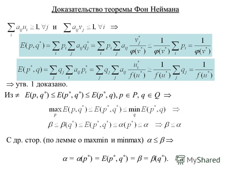Доказательство теоремы Фон Неймана и утв. 1 доказано. Из E(p, q * ) E(p *, q * ) E(p *, q), p P, q Q С др. стор. (по лемме о maxmin и minmax) = (p * ) = E(p *, q * ) = = (q * ).