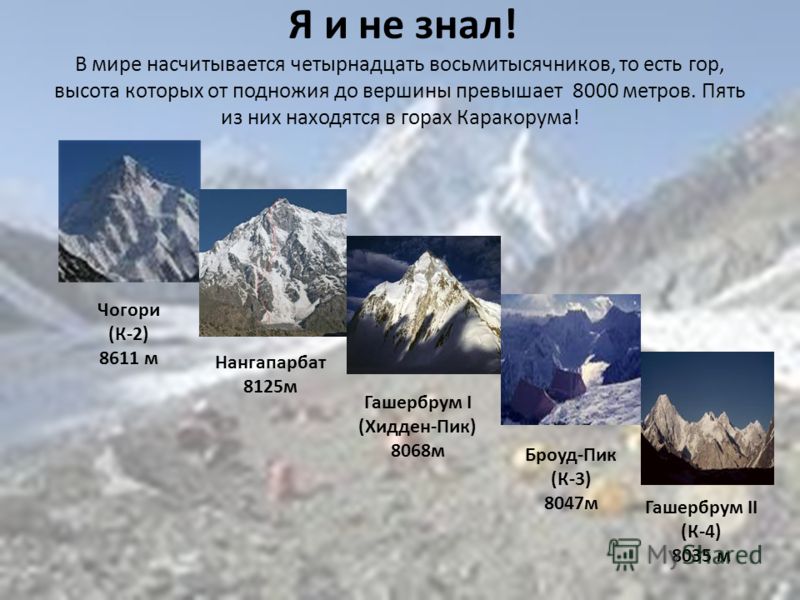 Я и не знал! В мире насчитывается четырнадцать восьмитысячников, то есть гор, высота которых от подножия до вершины превышает 8000 метров. Пять из них находятся в горах Каракорума! Чогори (К-2) 8611 м Нангапарбат 8125м Гашербрум I (Хидден-Пик) 8068м 