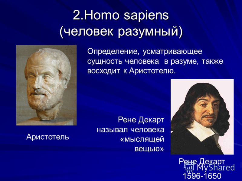 2.Homo sapiens (человек разумный) Аристотель Определение, усматривающее сущность человека в разуме, также восходит к Аристотелю. Рене Декарт 1596-1650 Рене Декарт называл человека «мыслящей вещью»