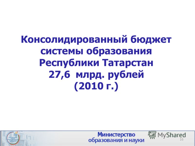 Консолидированный бюджет системы образования Республики Татарстан 27,6 млрд. рублей (2010 г.) 16
