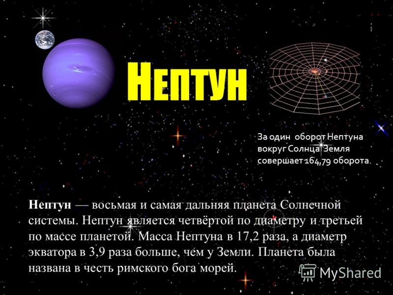 лётчик-космонавт, дважды Герой СССР, первый в мире совершил выход в открытый космос. Нептун восьмая и самая дальняя планета Солнечной системы. Нептун является четвёртой по диаметру и третьей по массе планетой. Масса Нептуна в 17,2 раза, а диаметр экв
