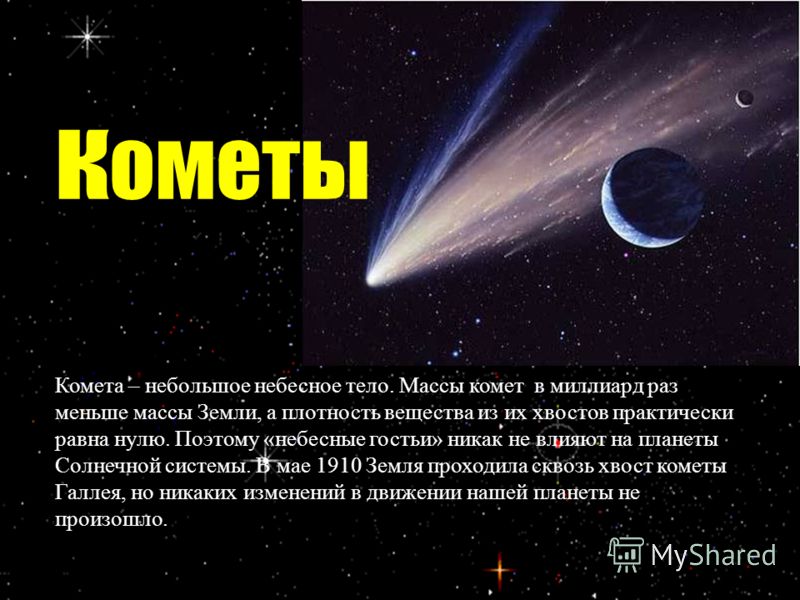 лётчик-космонавт, дважды Герой СССР, первый в мире совершил выход в открытый космос. к ометы Комета – небольшое небесное тело. Массы комет в миллиард раз меньше массы Земли, а плотность вещества из их хвостов практически равна нулю. Поэтому «небесные