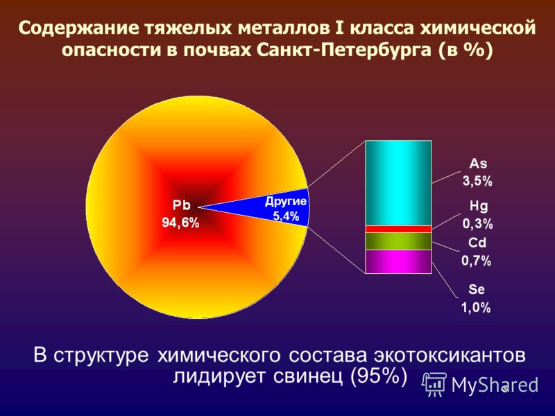 8 Содержание тяжелых металлов I класса химической опасности в почвах Санкт-Петербурга (в %) В структуре химического состава экотоксикантов лидирует свинец (95%)