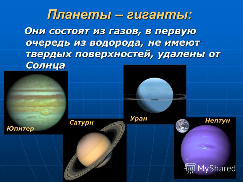 Планеты – гиганты: Они состоят из газов, в первую очередь из водорода, не имеют твердых поверхностей, удалены от Солнца Они состоят из газов, в первую очередь из водорода, не имеют твердых поверхностей, удалены от Солнца Юпитер Сатурн Уран Нептун