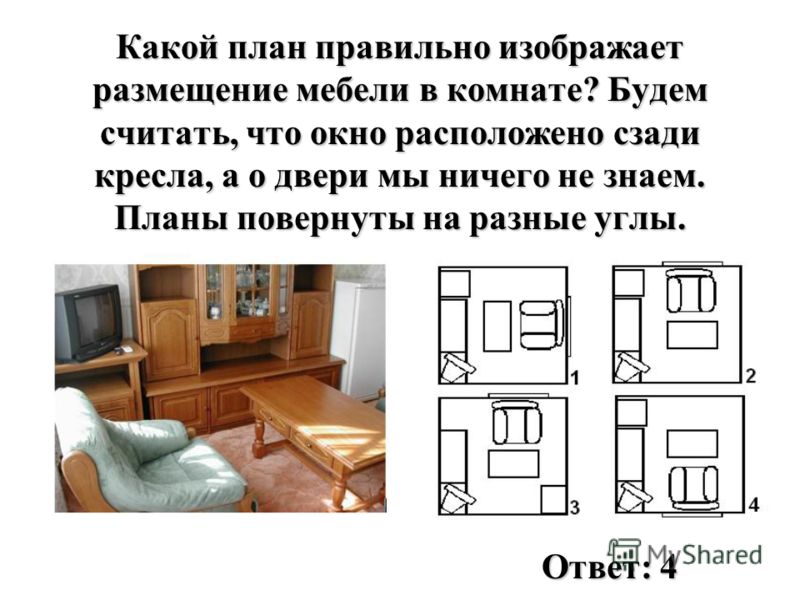 Какой план правильно изображает размещение мебели в комнате? Будем считать, что окно расположено сзади кресла, а о двери мы ничего не знаем. Планы повернуты на разные углы. Ответ: 4
