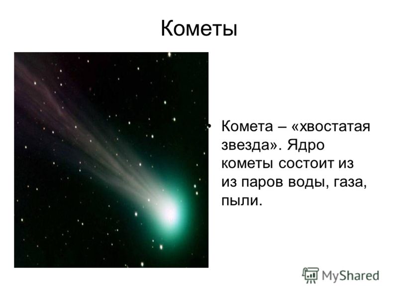 Кометы Комета – «хвостатая звезда». Ядро кометы состоит из из паров воды, газа, пыли.
