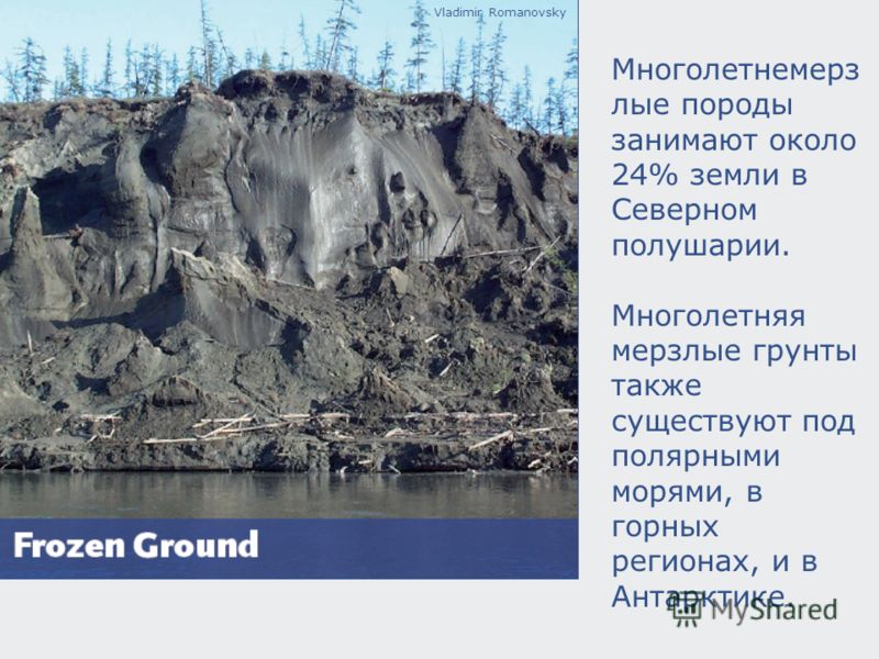 Vladimir Romanovsky Многолетнемерз лые породы занимают около 24% земли в Северном полушарии. Многолетняя мерзлые грунты также существуют под полярными морями, в горных регионах, и в Антарктике.