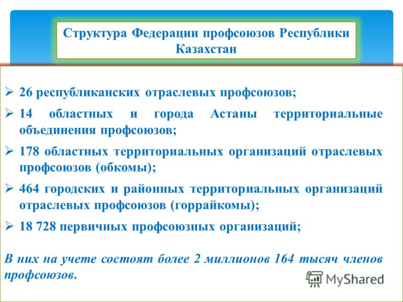 Структура Федерации профсоюзов Республики Казахстан 26 республиканских отраслевых профсоюзов; 14 областных и города Астаны территориальные объединения профсоюзов; 178 областных территориальных организаций отраслевых профсоюзов (обкомы); 464 городских