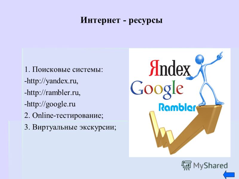 Интернет - ресурсы 1. Поисковые системы: -http://yandex.ru, -http://rambler.ru, -http://google.ru 2. Online-тестирование; 3. Виртуальные экскурсии;