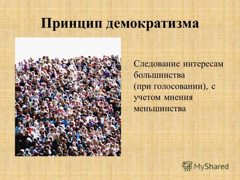 Принцип демократизма Следование интересам большинства (при голосовании), с учетом мнения меньшинства