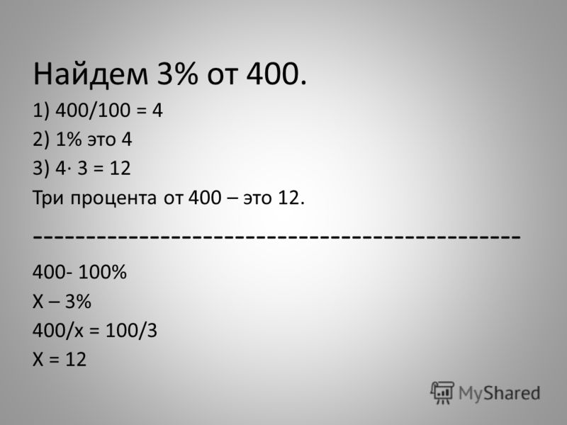 Найдем 3% от 400. 1) 400/100 = 4 2) 1% это 4 3) 4 3 = 12 Три процента от 400 – это 12. ---------------------------------------------- 400- 100% Х – 3% 400/х = 100/3 Х = 12