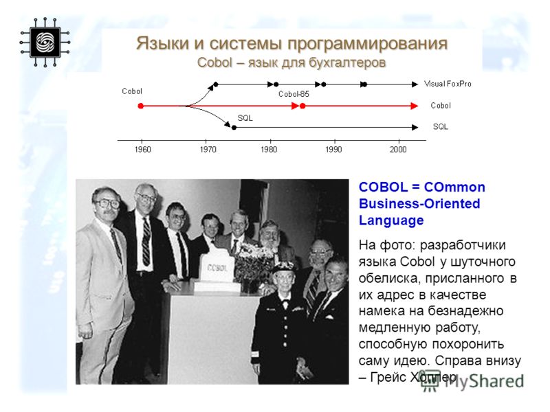 39 Языки и системы программирования Cobol – язык для бухгалтеров COBOL = COmmon Business-Oriented Language На фото: разработчики языка Cobol у шуточного обелиска, присланного в их адрес в качестве намека на безнадежно медленную работу, способную похо